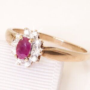 10K Gold Natural Red Ruby and Diamond Halo Ring - Elegant Vintage Jewelry, Sz 7